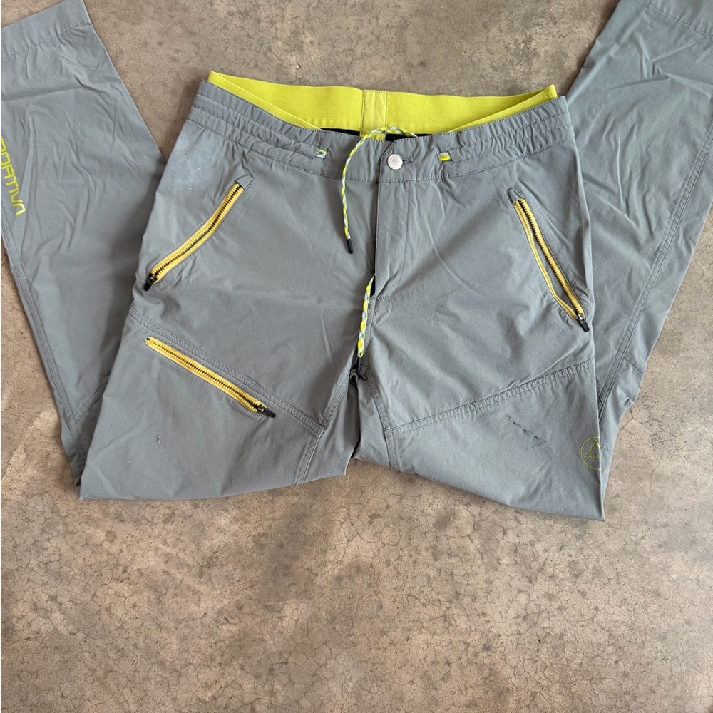 Gray La Sportiva Pants with Neon Yellow Accents